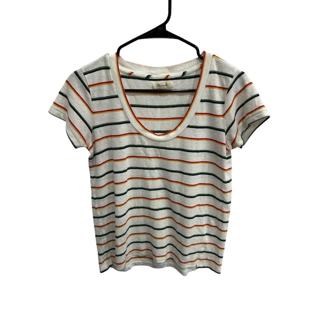 Madewell Womens Striped Linen Blend Short Sleeve Scoop Neck T-Shirt Sz XXS